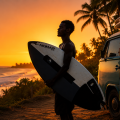 Imagem de um surfista com uma prancha na mao