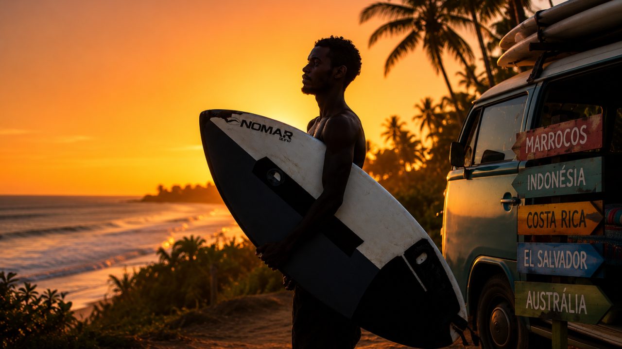 Imagem de um surfista com uma prancha na mao