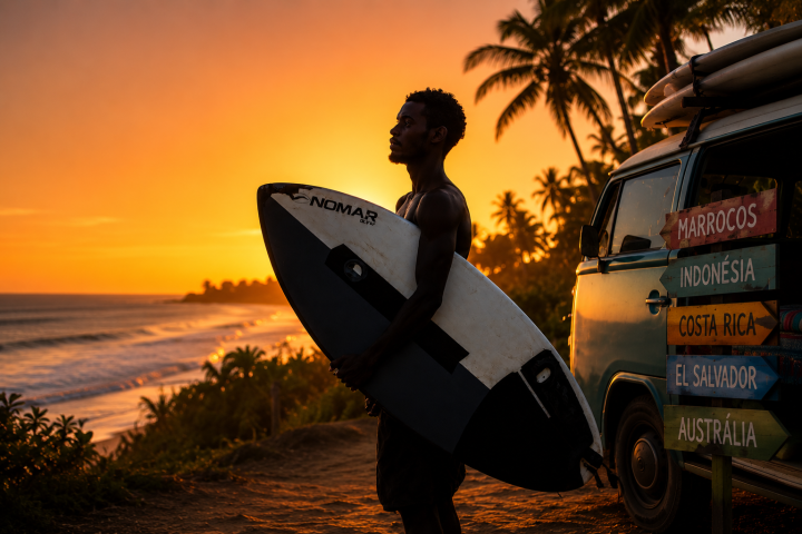 Imagem de um surfista com uma prancha na mao