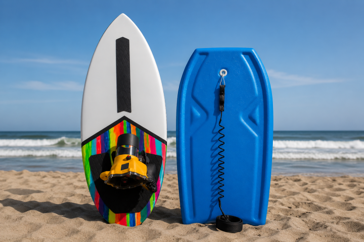 Imagem ilustrativa de uma prancha bodyboard e uma prancha skimboard