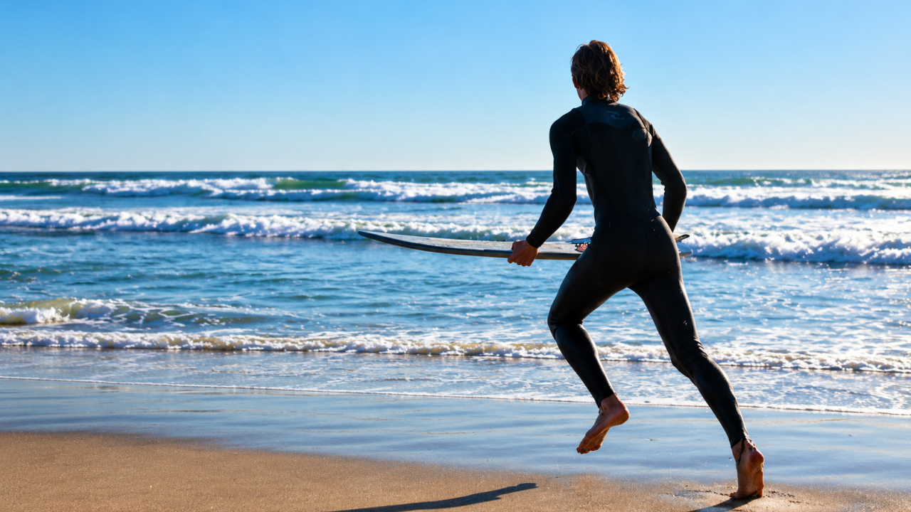 Surfista com prancha de surf na mao