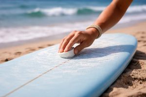 Surfista passando a parafina na prancha